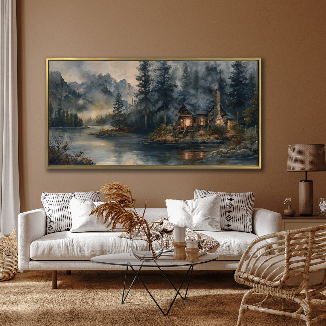 Canvas Print of a cozy cabin scene in a serene landscape, featuring a muted color palette of blues, greens, and warm earth tones. Perfect wall art!