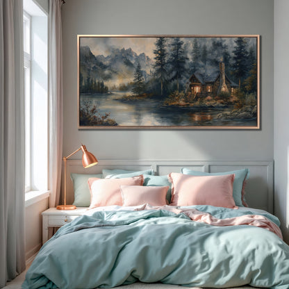 Rustic Riverside Cabin Canvas Print with Misty Mountains