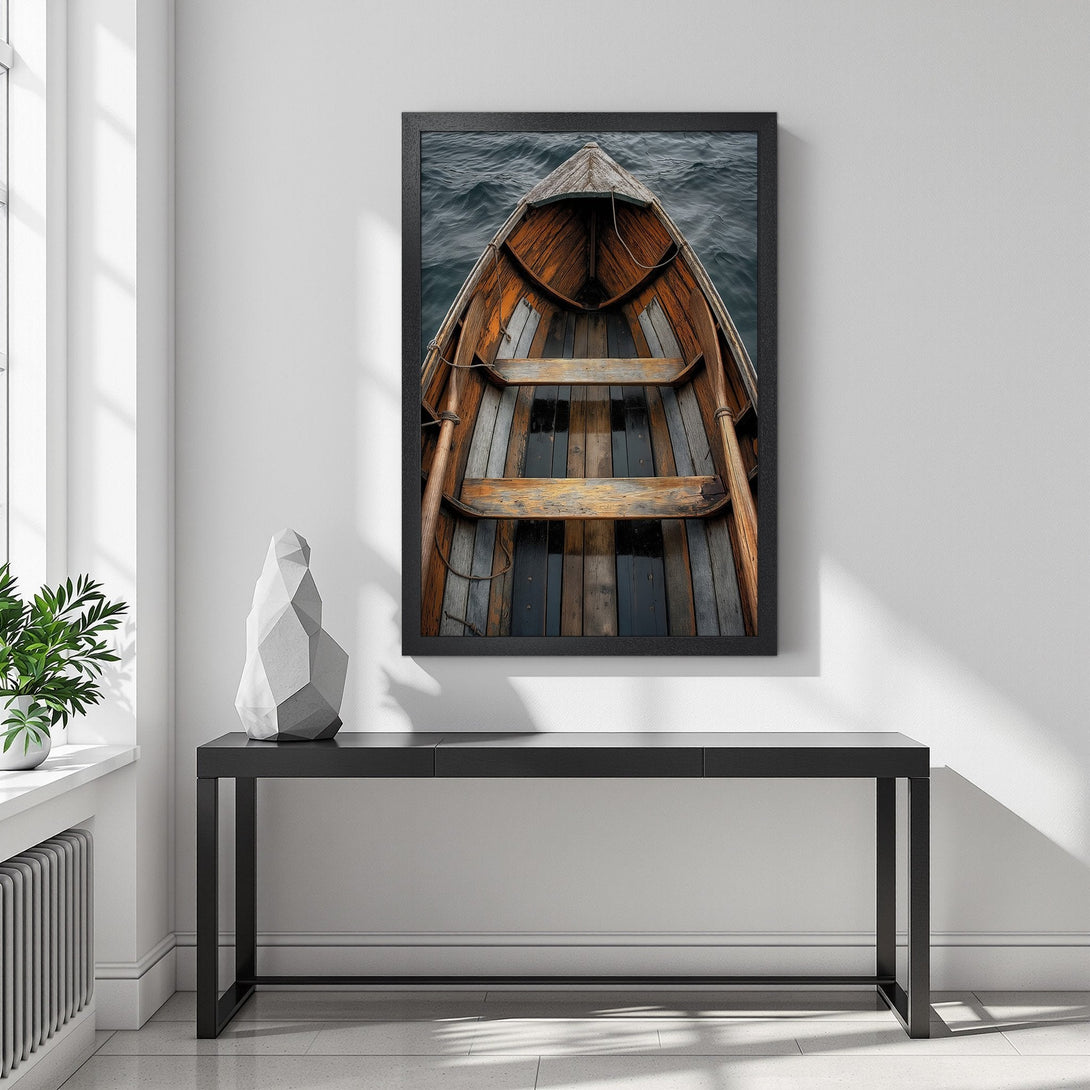Framed Poster of a wooden boat on water. Rustic style, warm orange and cool blue tones. Add a touch of nature to your space!