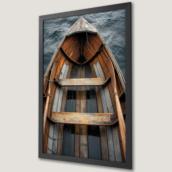 Framed Poster of a wooden boat on water. Rustic style, warm brown and cool blue color palette. Perfect nautical wall art.