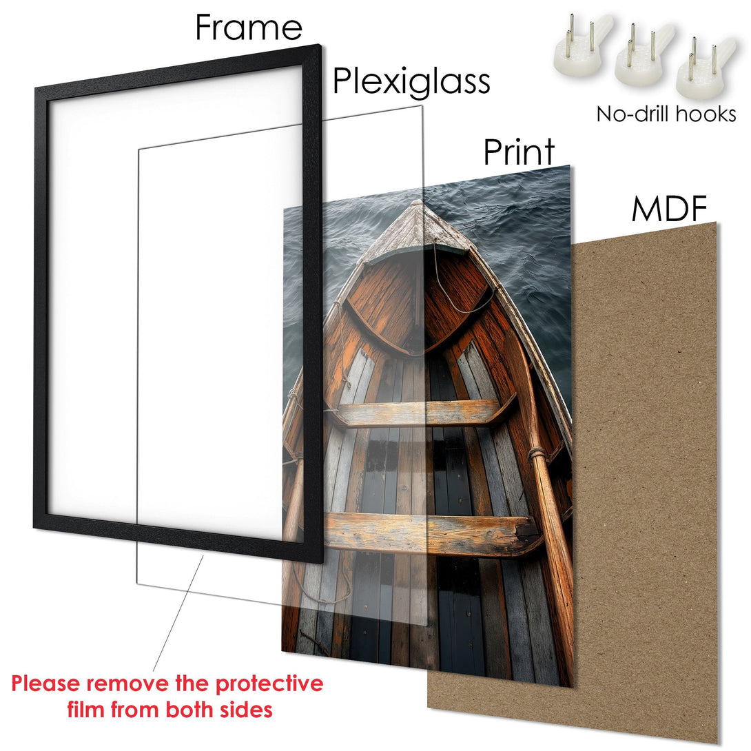 Framed Poster featuring a boat on the water, rustic style, with a warm brown and blue color palette. Perfect wall art!