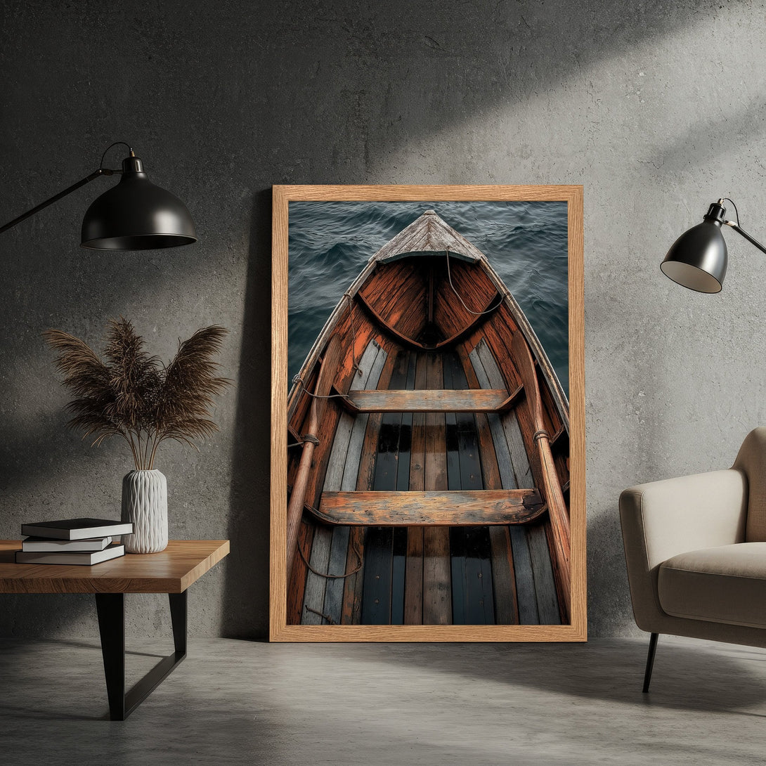 Framed Poster featuring a rustic boat on water. Moody, artistic style with warm wood tones and cool blues. Perfect wall art!