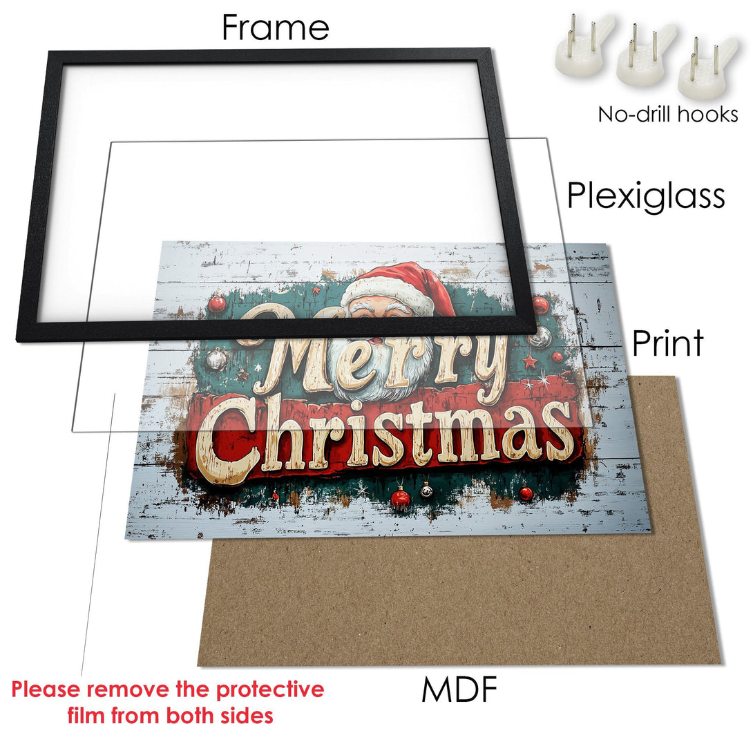 Framed Poster featuring a vintage "Merry Christmas" design on rustic wood. Red, green, and cream color palette. Perfect holiday decor!