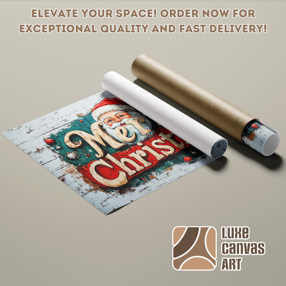 Christmas Poster Roll featuring Santa Claus, rustic style, red, green, and white color palette.