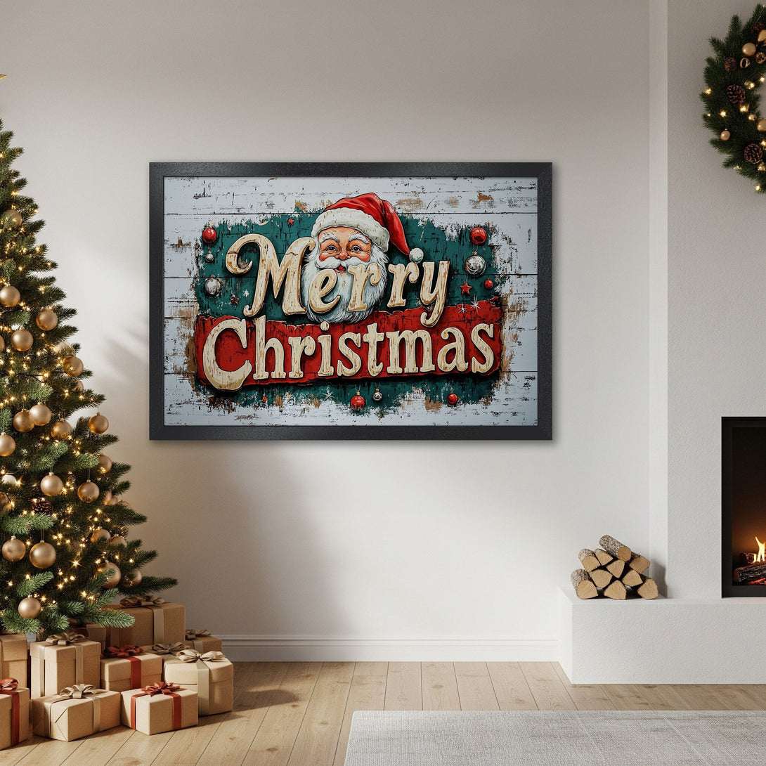 Framed Poster featuring Santa Claus and "Merry Christmas" in a vintage style. Festive red, green, and white color palette. Perfect holiday decor!