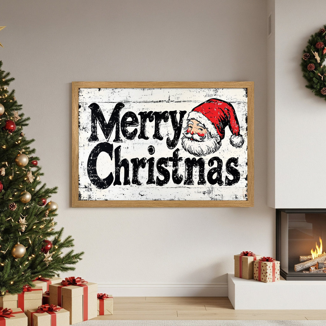Framed Poster featuring a vintage Santa design. Festive Christmas decor in a rustic style with red, black, and white color palette.