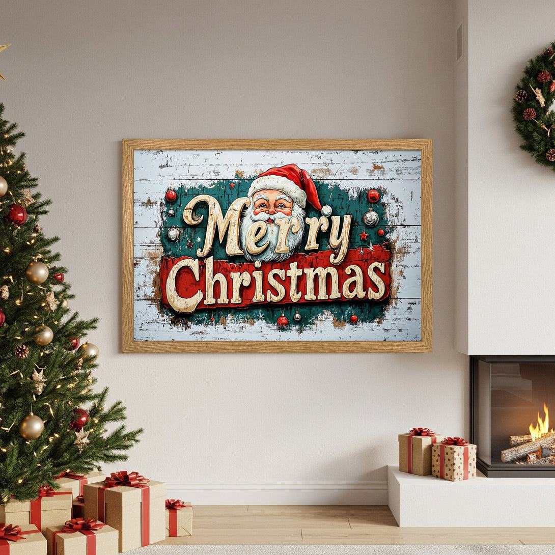 Framed Poster featuring Santa Claus and "Merry Christmas" in vintage style, red, green, and white color palette. Perfect holiday decor!