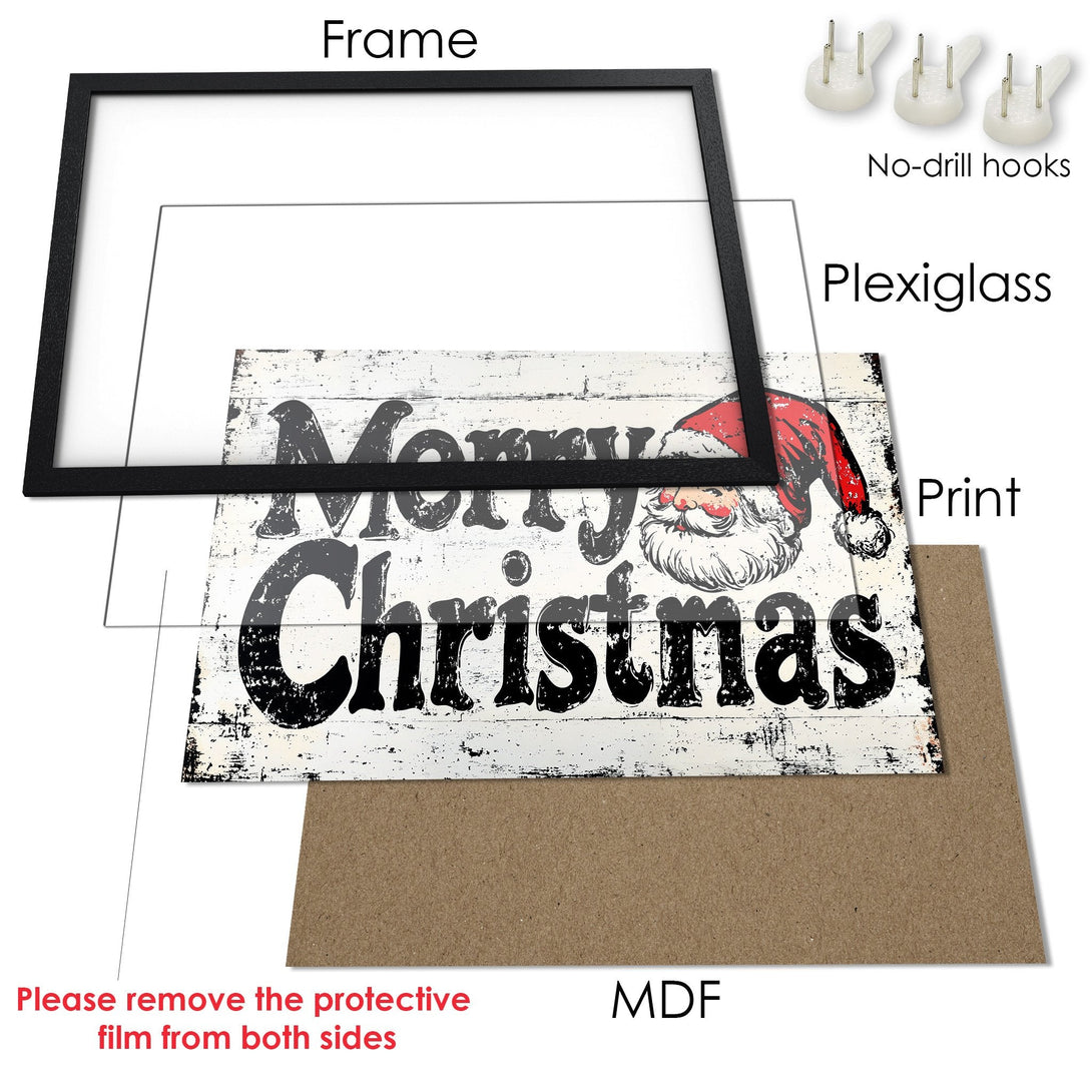 Framed Poster with "Merry Christmas" design. Rustic style, black, white, and red color palette. Perfect holiday decor!