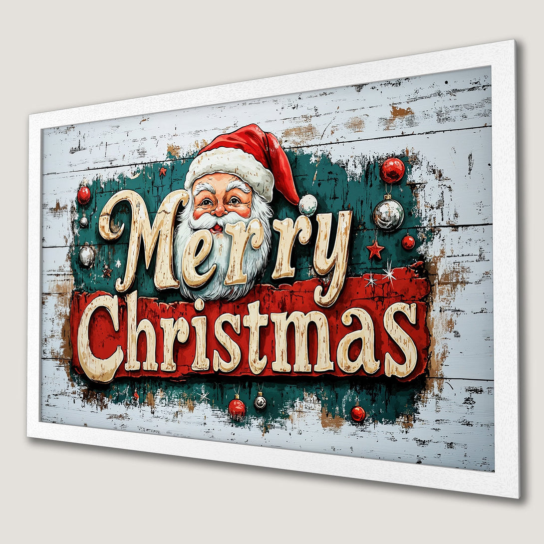 Framed Poster: Merry Christmas sign with Santa, rustic style, red, green, and white color palette. Perfect holiday decor!
