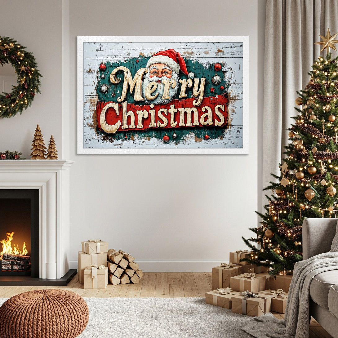 Framed Poster featuring Santa Claus and "Merry Christmas" in a vintage style, red, white, and teal color palette. Perfect holiday decor!