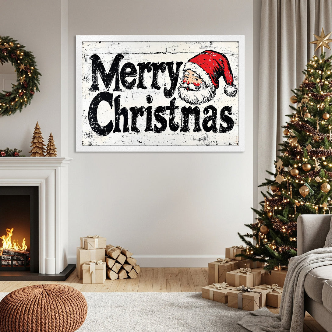 Framed Poster featuring "Merry Christmas" with Santa in a rustic style, black and red on white. Perfect holiday decor!