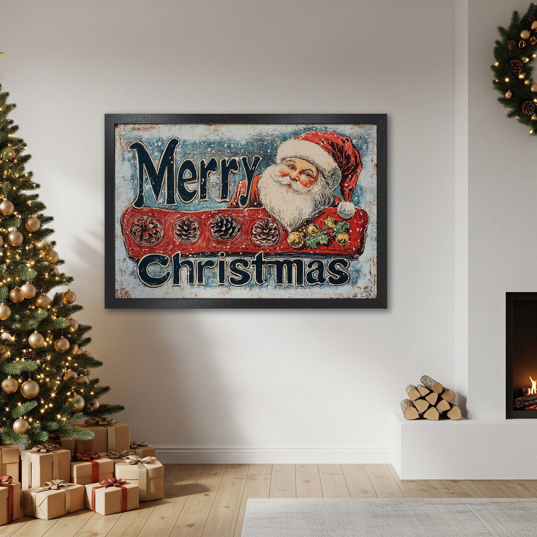 Framed Poster featuring Santa Claus with "Merry Christmas" text, vintage style, red, blue, and white color palette. Perfect holiday decor.