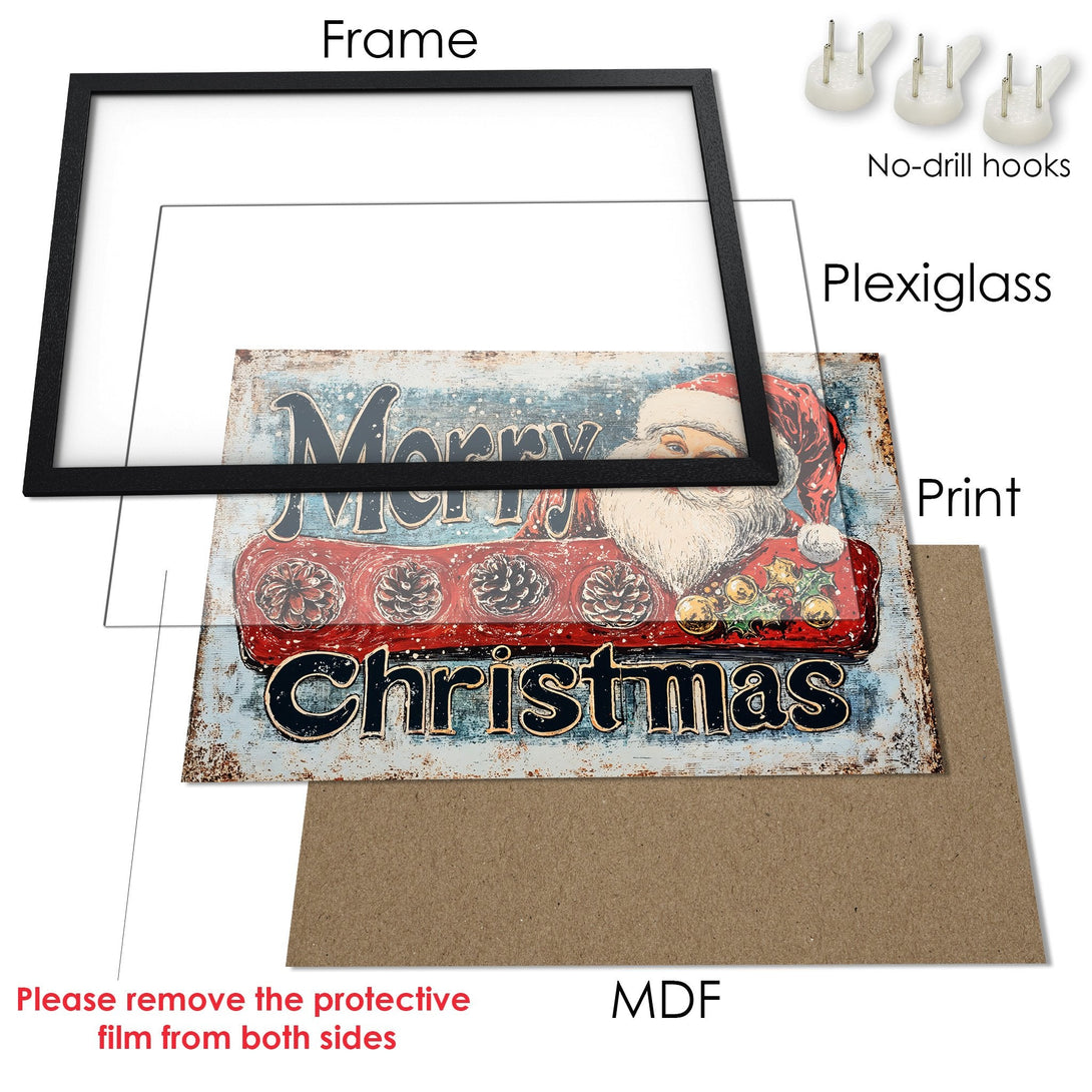 Framed Christmas Poster with vintage style, featuring Santa Claus & distressed blue, red, and black color palette. Perfect holiday decor!