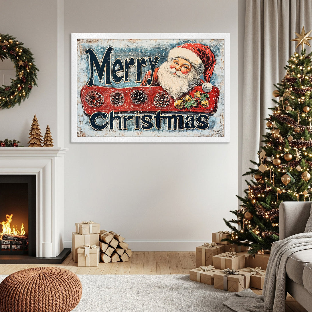 Framed Poster featuring Santa Claus, vintage style, red, blue, and white color palette. Perfect Christmas decor!