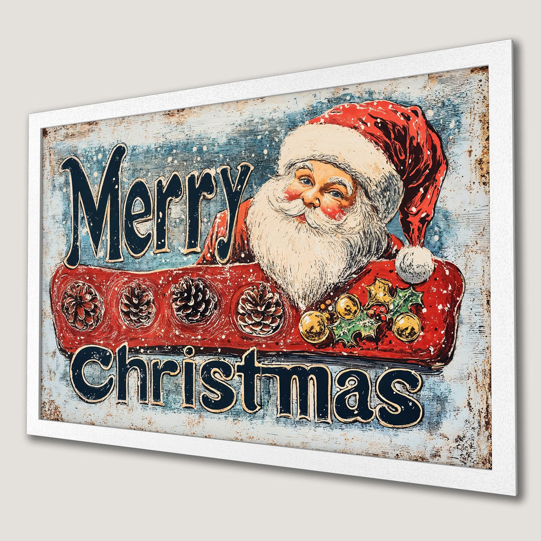 Framed Poster featuring Santa Claus, vintage style, red, blue, and white color palette, perfect for Christmas decor.