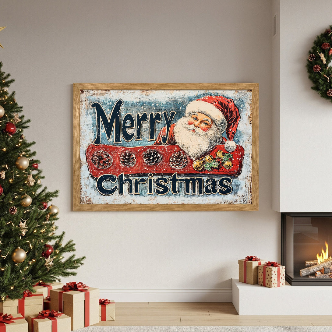 Framed Poster featuring Santa Claus, vintage style, with a red, blue, and white color palette. Perfect Christmas decor!