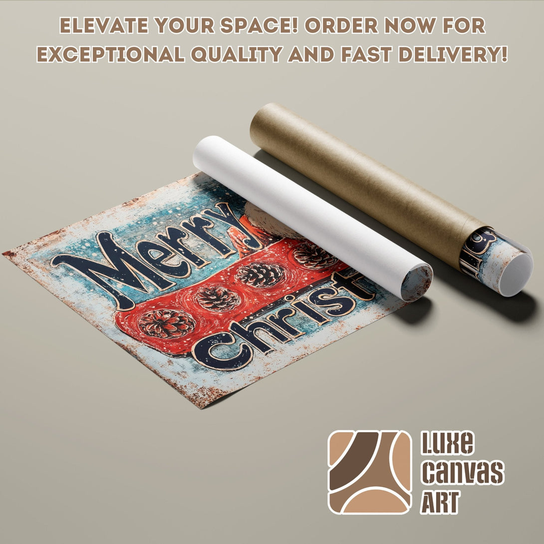 Vintage Christmas Poster Roll in rustic style, featuring a red, blue, and brown color palette.