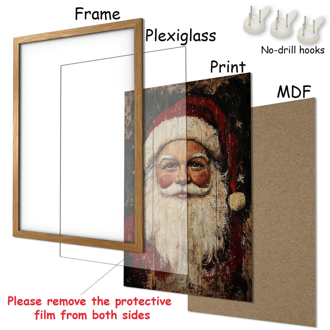 Framed Poster featuring Santa Claus art in rustic style with red, brown, and white color palette. Perfect Christmas decor!