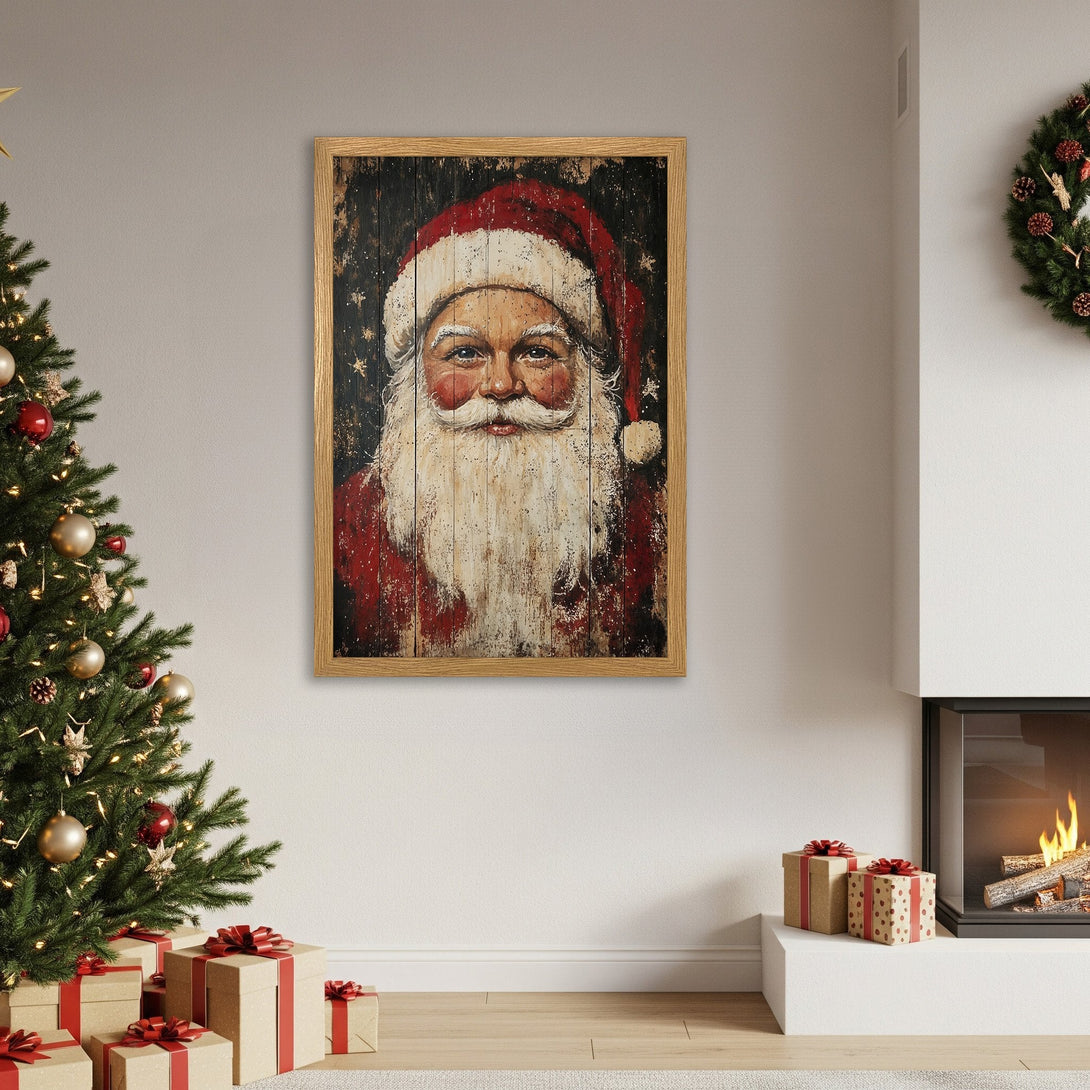 Framed Poster of Santa Claus, vintage style, red & black color palette. Perfect Christmas decor!