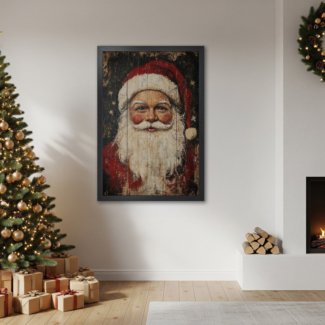 Framed Poster featuring Santa Claus portrait, rustic style, red & black color palette. Perfect Christmas decor!
