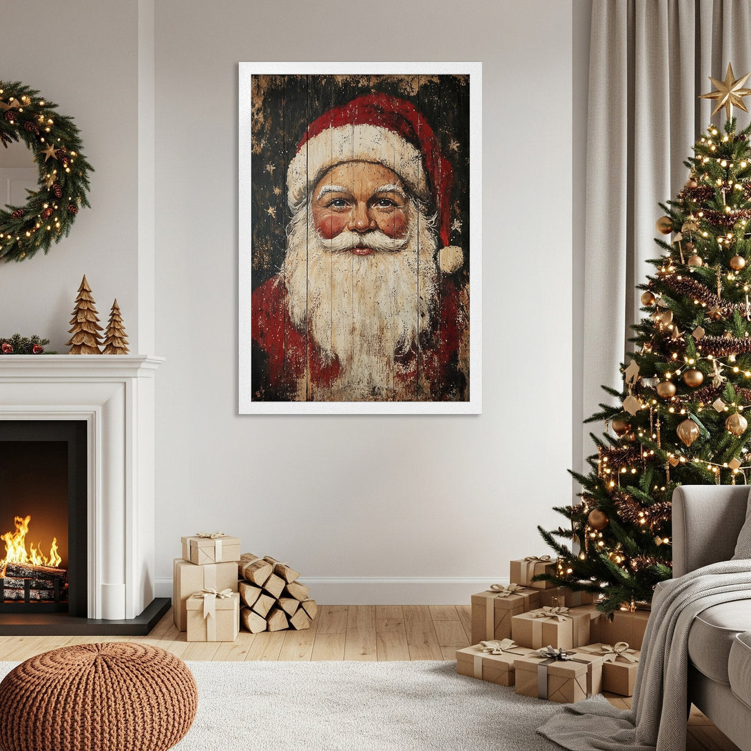 Framed Poster of Santa Claus in rustic style, red and brown color palette, perfect for Christmas decor.
