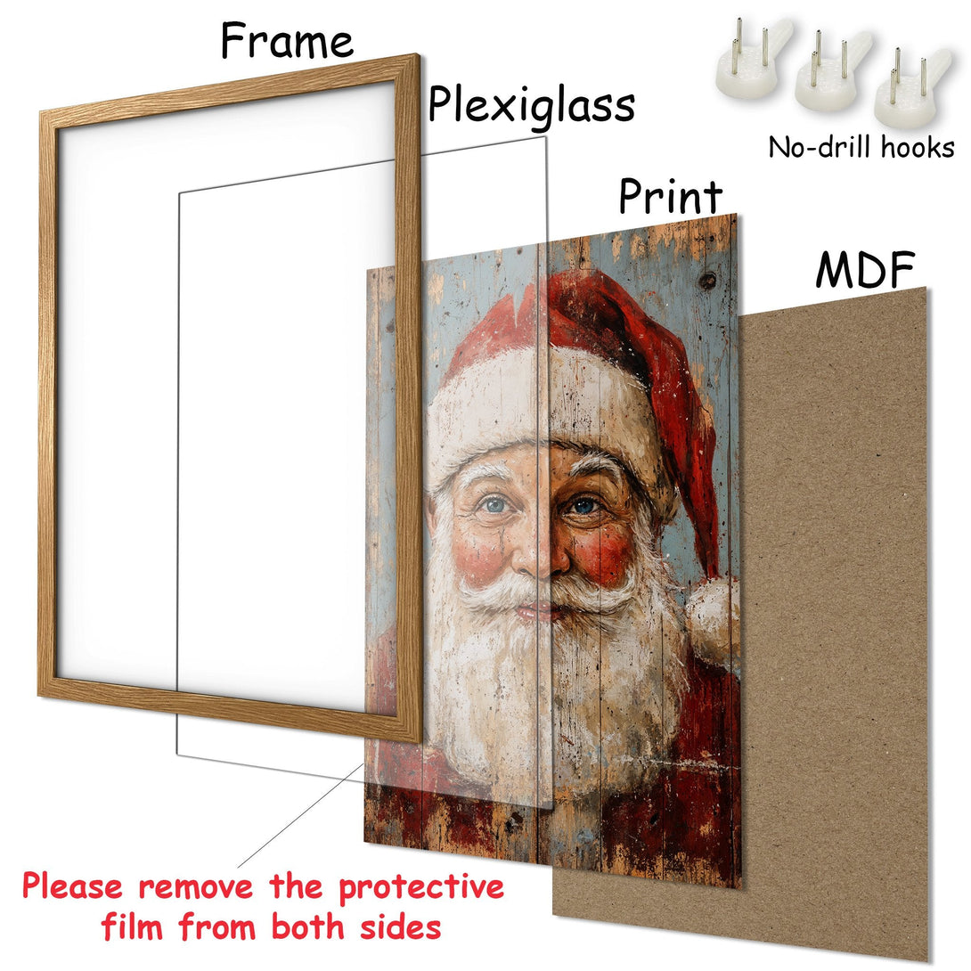 Framed Poster featuring Santa Claus in a rustic style with a red, white, and blue color palette. Perfect Christmas decor!