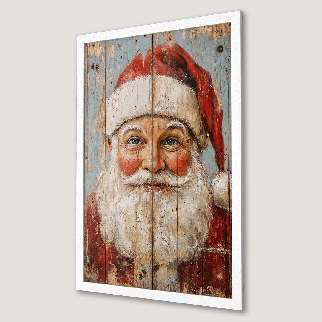 Framed Poster featuring Santa Claus portrait, rustic style, red, blue, and white color palette. Perfect Christmas decor!
