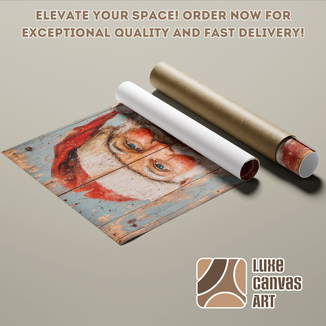 Santa Claus Poster Roll, rustic art with red, blue, and brown tones. Elevate your space today!