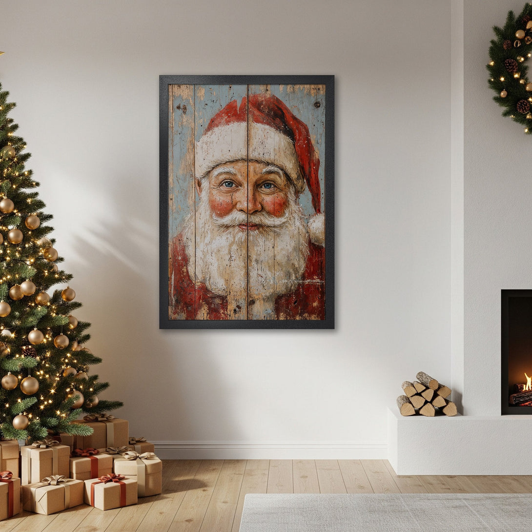 Framed Poster featuring Santa Claus portrait, rustic style, red, blue, and white color palette, perfect for Christmas decor.