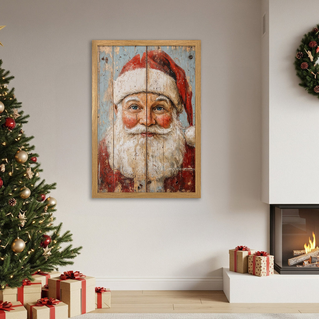 Framed Poster featuring Santa Claus in a rustic style with red, blue, and white hues, perfect for Christmas decor.