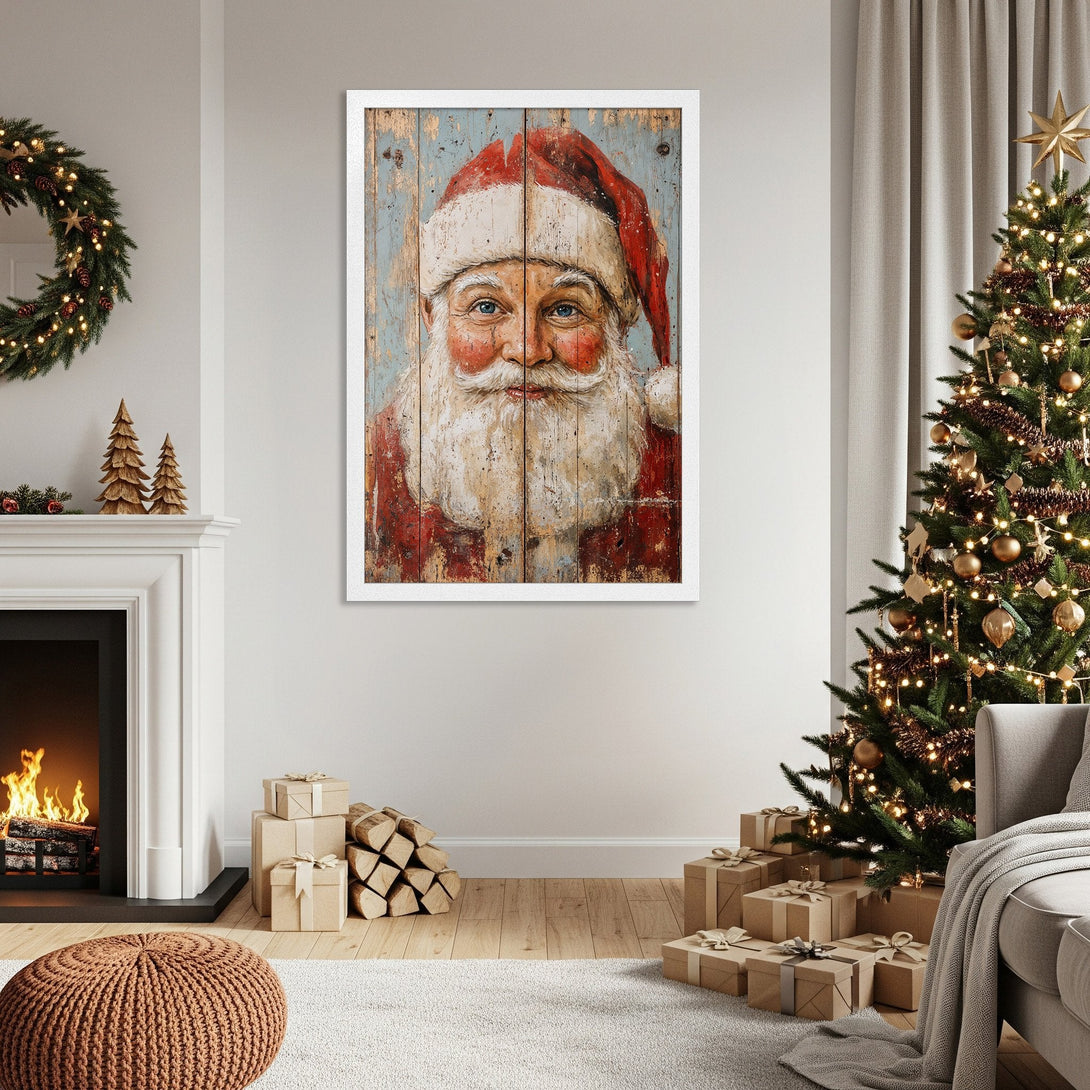 Framed Poster featuring Santa Claus in a rustic style with a red, blue, and white color palette. Perfect Christmas decor!