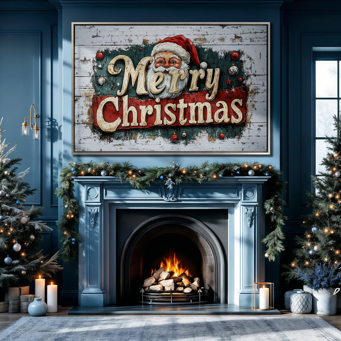 Framed Wall Art: Rustic "Merry Christmas" sign with Santa in a cozy, blue-toned interior. Perfect holiday decor!