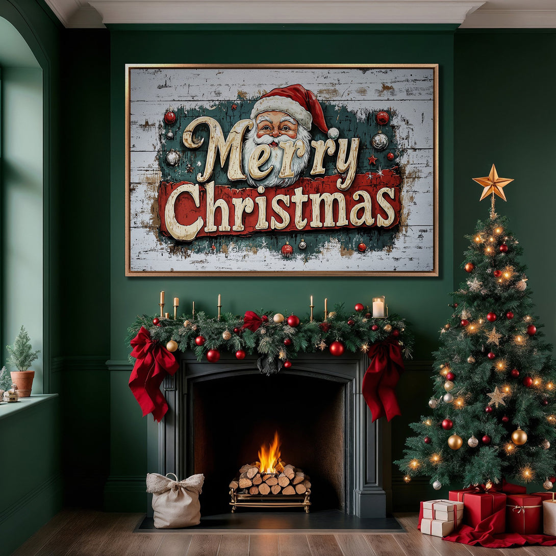 Framed Wall Art: "Merry Christmas" Santa design in rustic style. Festive red, green, and gold color palette. Perfect holiday decor for your home!