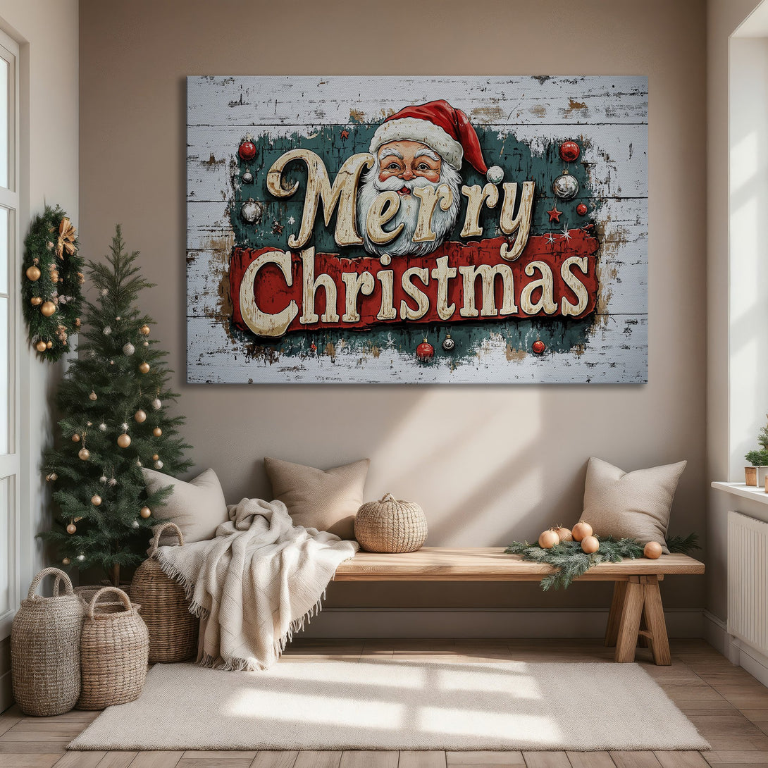 Framed Wall Art featuring Santa Claus and "Merry Christmas" in a rustic style. Festive red, green, and cream color palette. Perfect holiday decor!