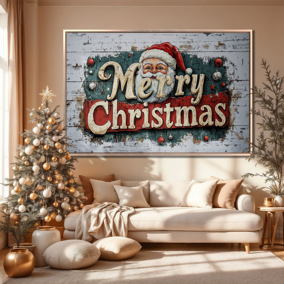 Framed Wall Art: "Merry Christmas" sign with Santa, rustic style, red & green palette, perfect for holiday decor.