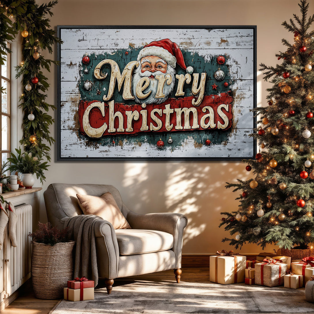 Framed Wall Art: "Merry Christmas" Santa design in rustic style, red, white, and green palette, perfect for festive holiday decor.