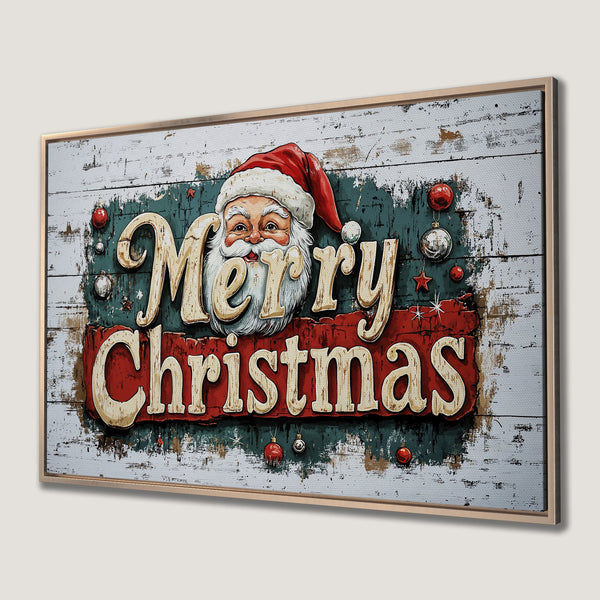 Framed Wall Art: Rustic Christmas sign with Santa, red, white, and green color palette. Perfect holiday decor.