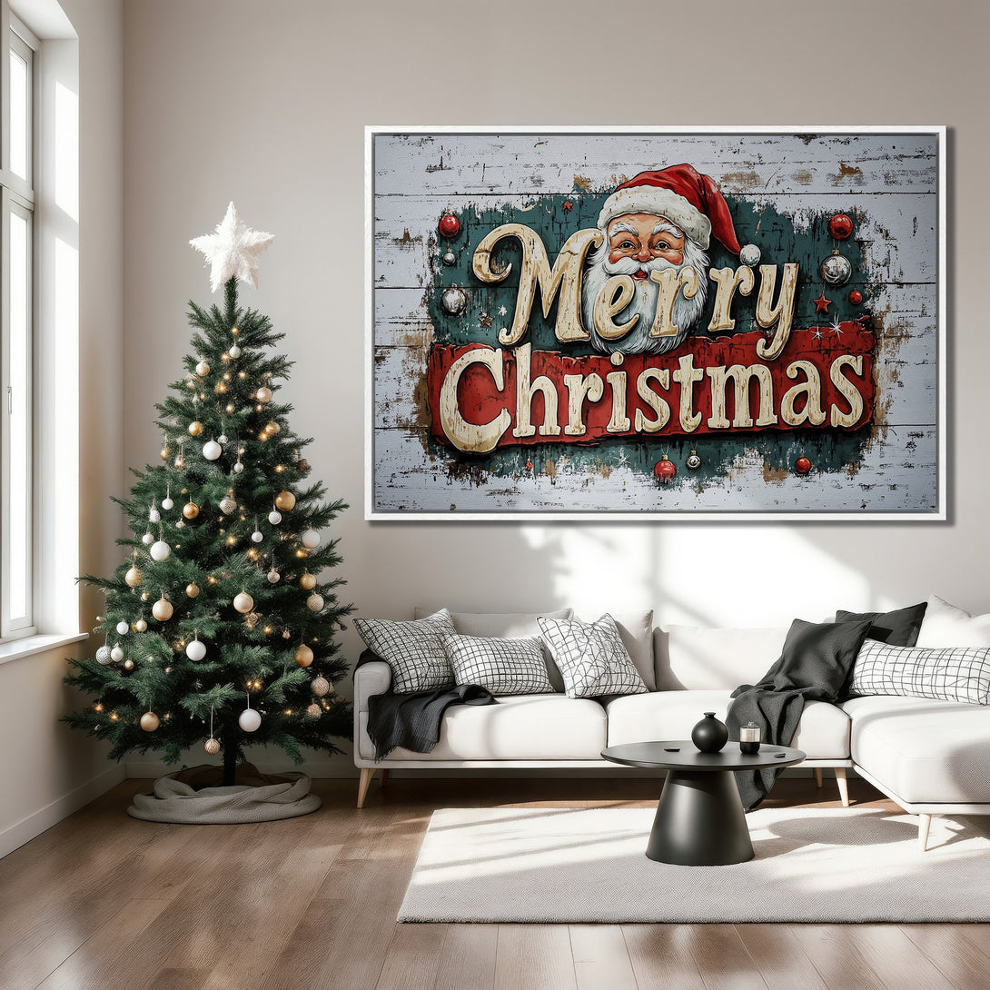 Framed Wall Art: Merry Christmas Santa print in a cozy living room. Rustic style with red, green, and white color palette. Perfect holiday decor!
