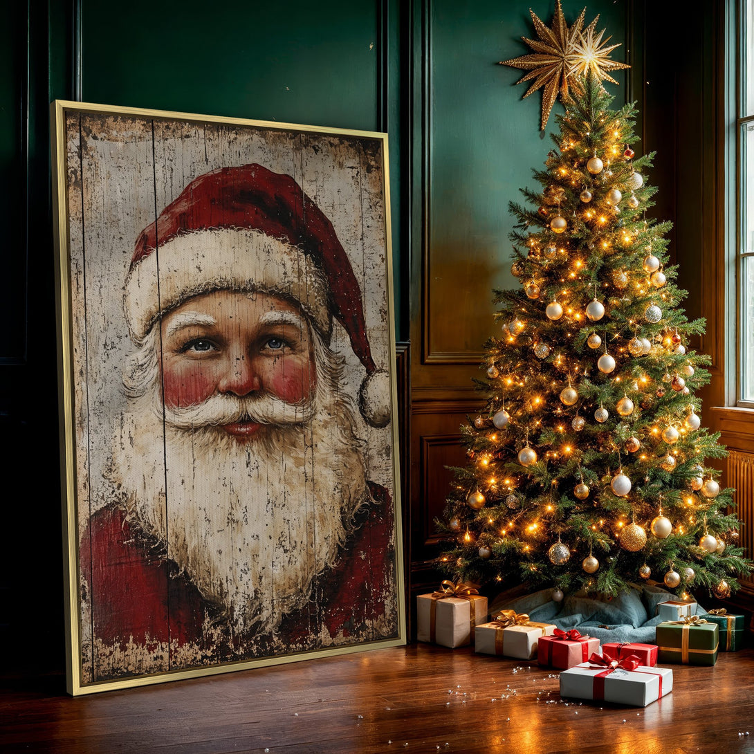 Canvas Print featuring a vintage Santa Claus portrait in red and white, perfect for Christmas decor. Rustic style with a warm, inviting color palette.