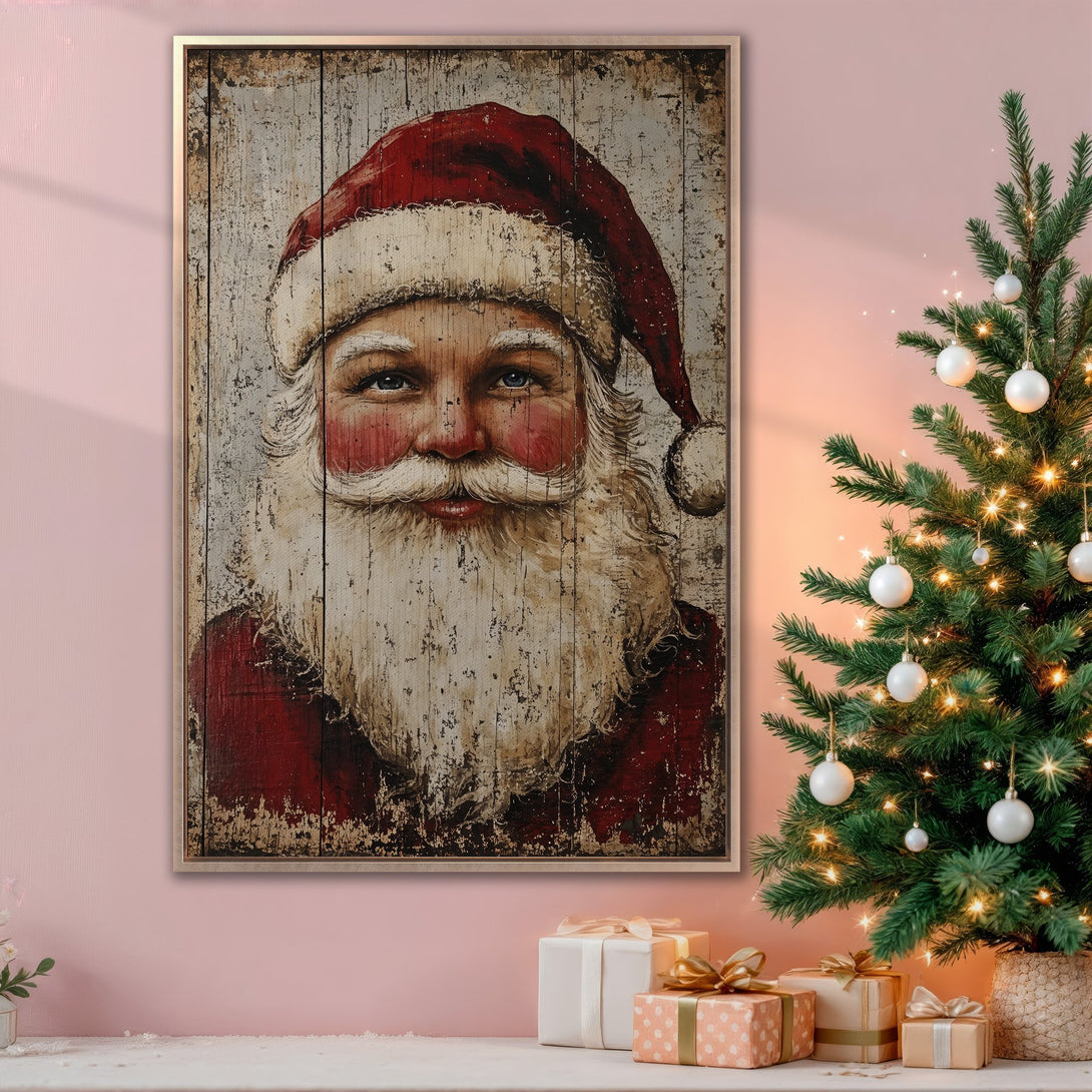 Framed Wall Art featuring Santa Claus portrait in rustic style. Warm red, white, and beige color palette. Perfect Christmas decor for your home!