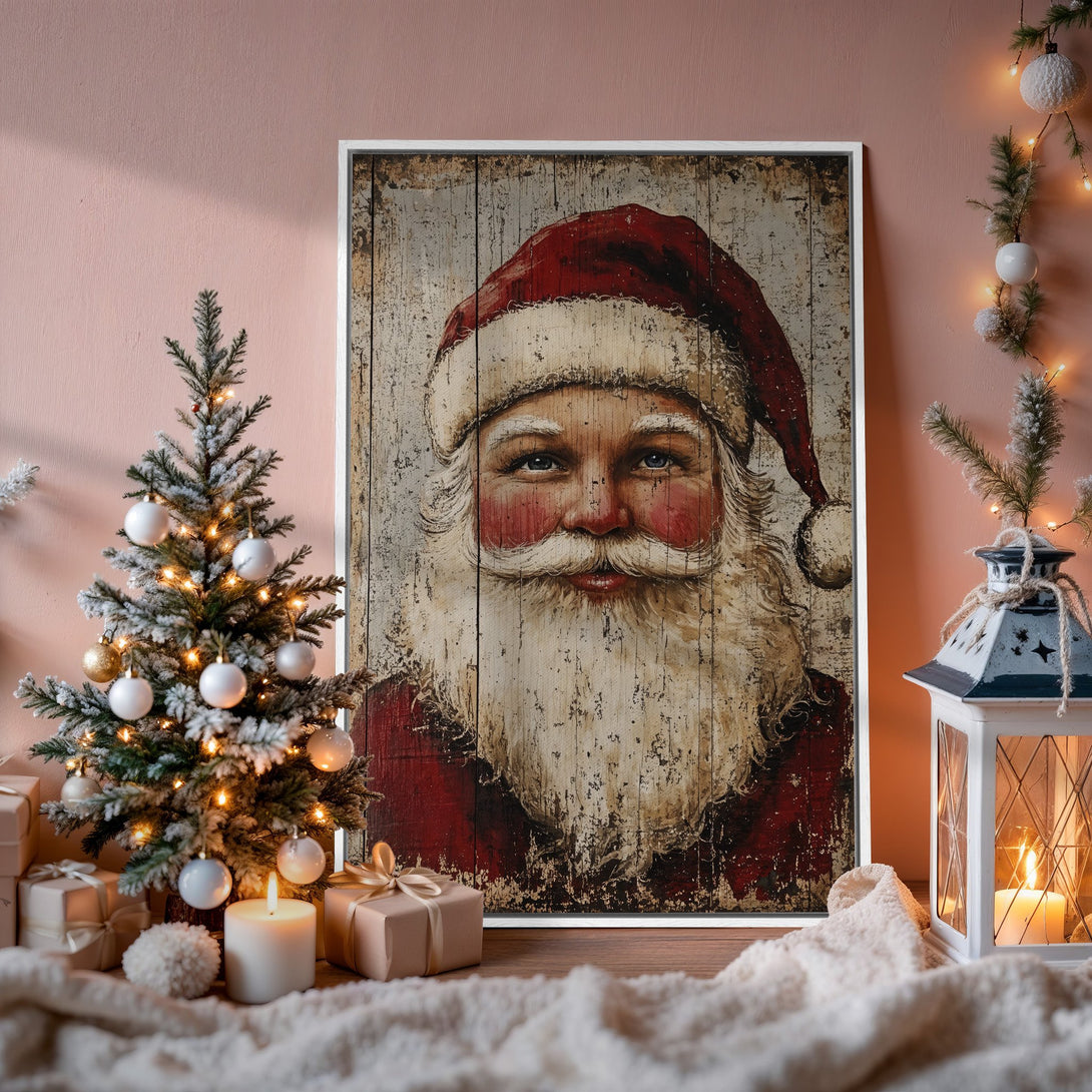 Framed Wall Art featuring Santa Claus in a rustic style, with a red and white color palette. Perfect Christmas decor!