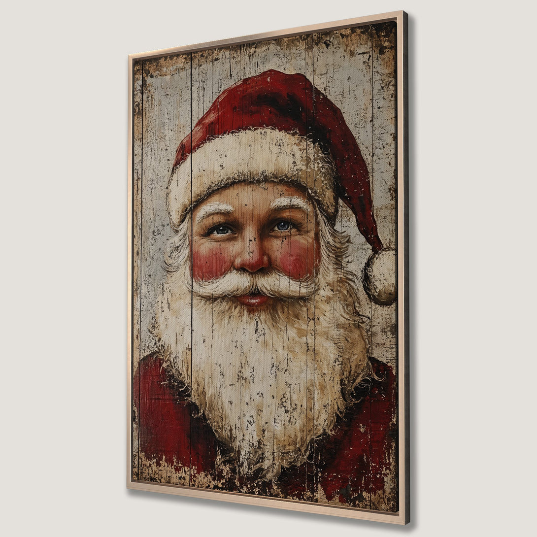 Framed Wall Art featuring a vintage Santa Claus portrait. Rustic style with a red and white color palette, perfect for Christmas decor.
