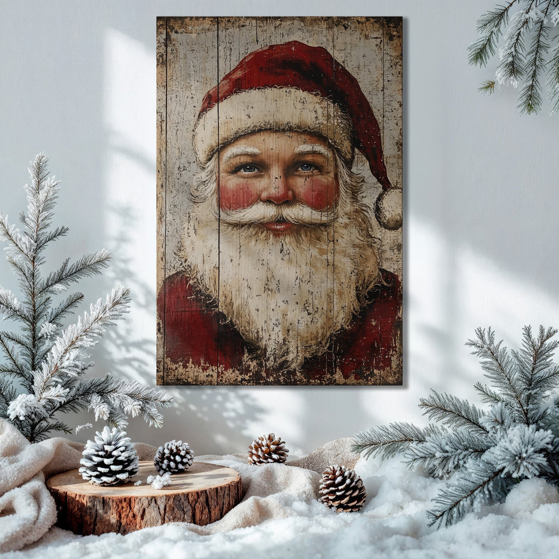 Framed Wall Art: Rustic Santa Claus portrait with red, white, and gold color palette. Perfect Christmas decor for a cozy, festive interior.