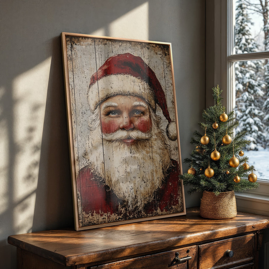 Framed Wall Art: Vintage Santa Claus portrait in rustic style with red, white, and brown tones. Perfect Christmas decor for a cozy, inviting home.