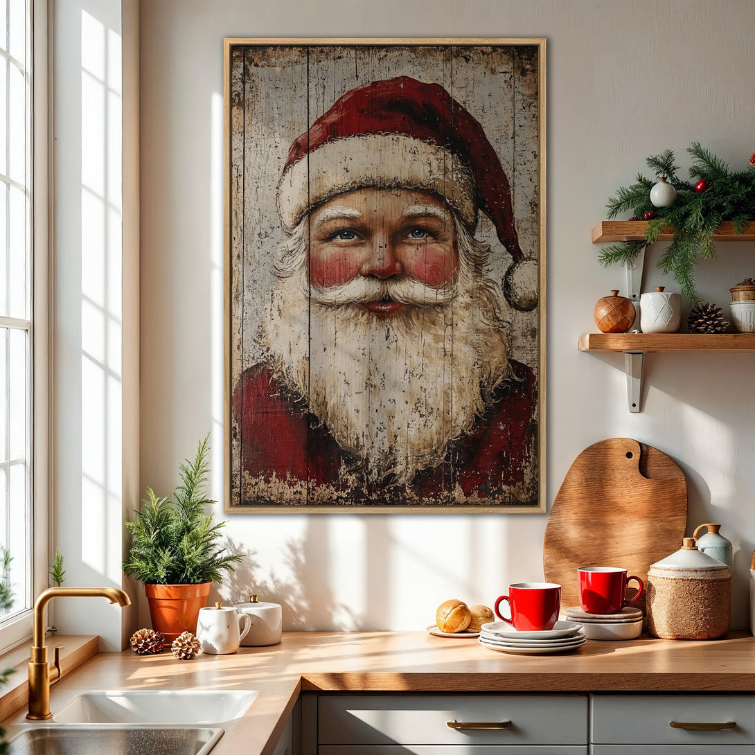 Framed Wall Art featuring Santa Claus portrait in rustic style. Red, white, and neutral color palette. Perfect for holiday decor & Christmas gifts!