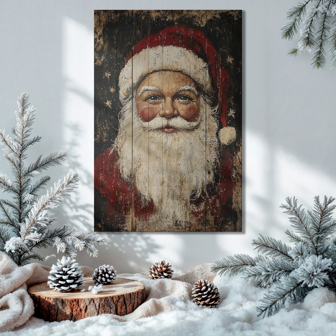 Framed Wall Art: Rustic Santa Claus Canvas Print in a cozy Christmas interior. Red, gold, and green color palette. Perfect holiday decor!