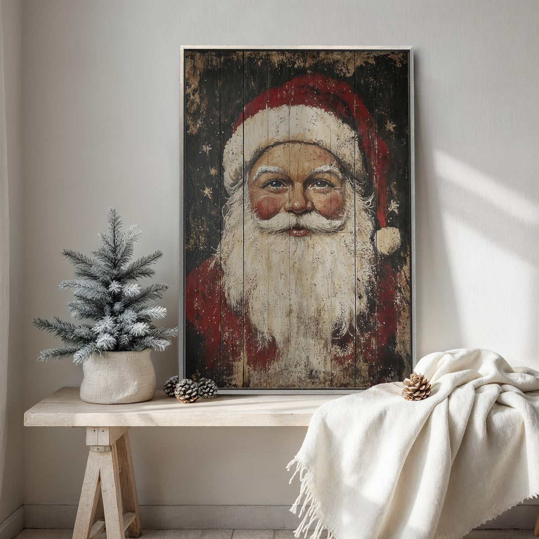 Framed Wall Art: Rustic Santa Claus portrait in red, white, and black. Perfect Christmas decor for a cozy, vintage-inspired home. Shop now!
