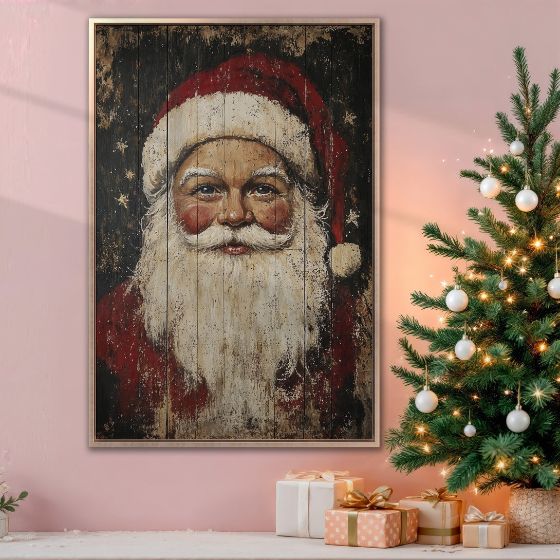 Framed Wall Art: Rustic Santa Claus portrait in red, black, and cream tones. Festive Christmas decor for your home!