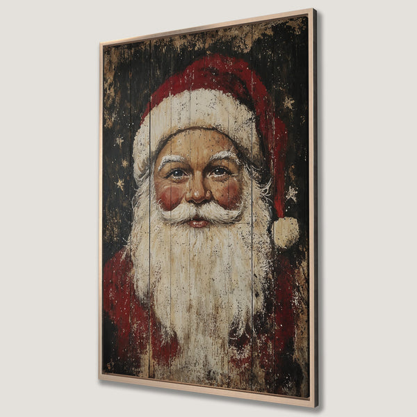 Framed Wall Art: Rustic Santa Claus portrait. Vintage style with red, black, and white color palette. Perfect Christmas decor for your home.