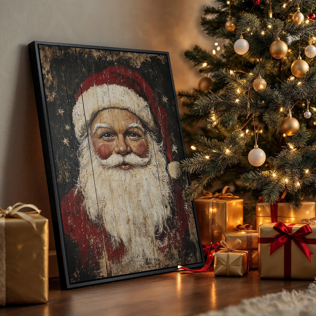 Framed Wall Art of Santa Claus in a rustic style with red, white, and black tones. Perfect Christmas decor!